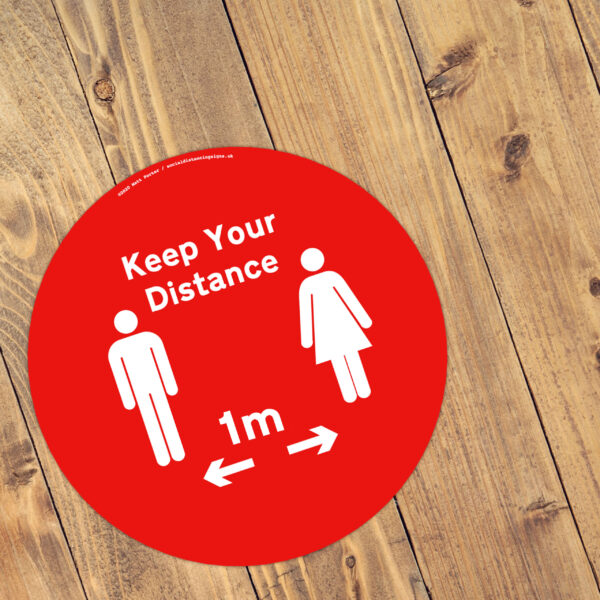 Keep Your Distance - Social Distancing Anti-Slip Floor Stickers (300mm) - 10 Pack - Red / White