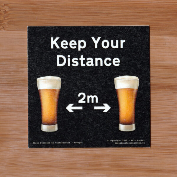 Social Distancing Square Cut Cardboard Coasters (85mm x 85mm) - Black - Beer Glass